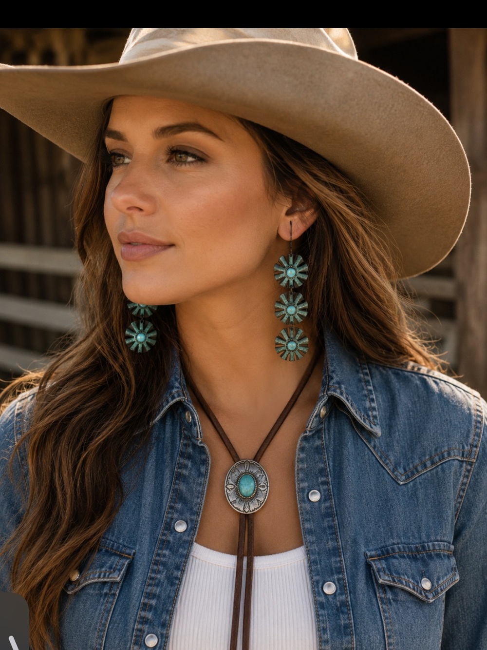 Triple-tier floral concho dangle earrings feature a Western-style design